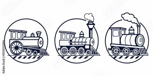 A series of three black and white illustrations of trains in circular frames