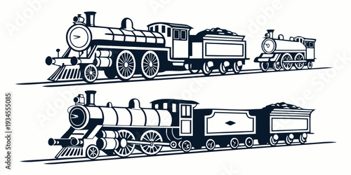 Two vintage steam locomotives with various train cars on a railway track.