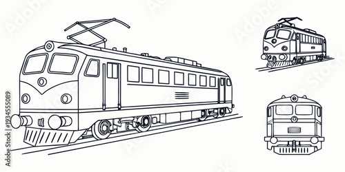 Black and white illustrations of various train models and their designs.