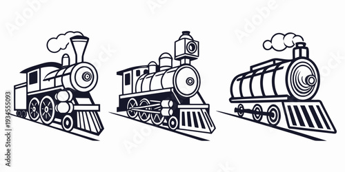 Three vintage steam locomotives illustrated in a classic black and white line art style.