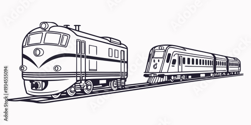 A detailed illustration of a vintage passenger train traveling on railroad tracks