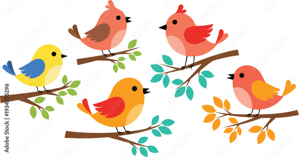 Fototapeta premium Cute Cartoon Birds on Tree Branches with Colorful Songbirds and Leaves Flat Vector Illustration Collection.