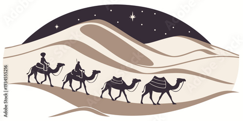 A group of camels carrying travelers journey across a vast desert landscape under the stars