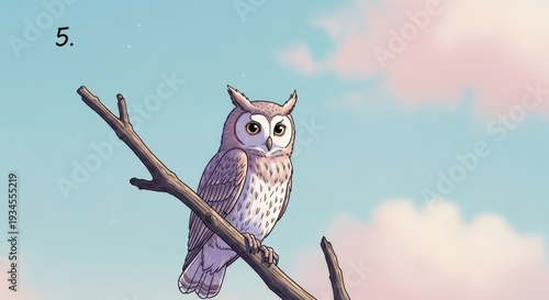 Wallpaper Mural Small owl perched quietly on a bare tree branch against soft sky. Torontodigital.ca