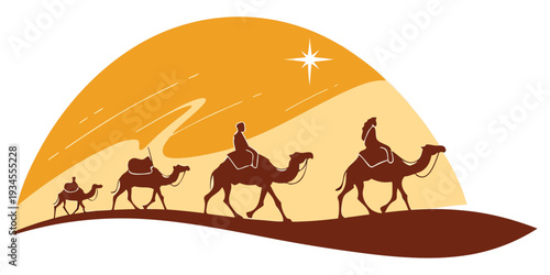 Three travelers journeying across a desert landscape on camels under a starry sky