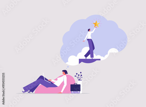Hope to success in business concept, accomplishment or reaching business goal, businesswoman climb up to the top and to reaching to grab precious star reward