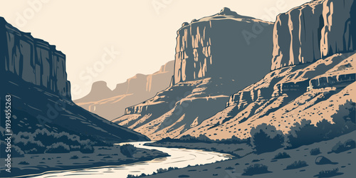 A vast desert landscape with towering rock formations and a winding river