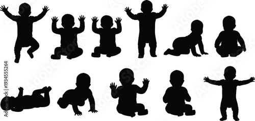 Baby silhouette set, infant crawling sitting standing poses, toddler milestone collection vector illustration isolated on white background