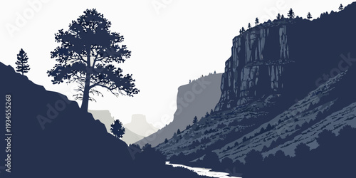 A solitary tree stands tall on a cliff overlooking a winding river valley.