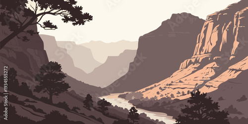 A serene view of a vast canyon with a lone tree standing tall on the edge.