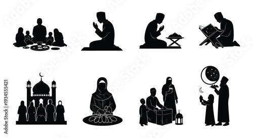 Islamic icons depicting praying family meals and eid celebrations