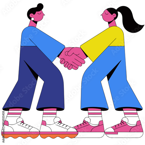 A man and woman shake hands in a colorful cartoon