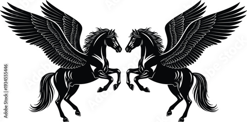 Black silhouette illustration of two winged horses facing each other, Pegasus mythological creatures, symmetrical fantasy vector graphic isolated on white background design