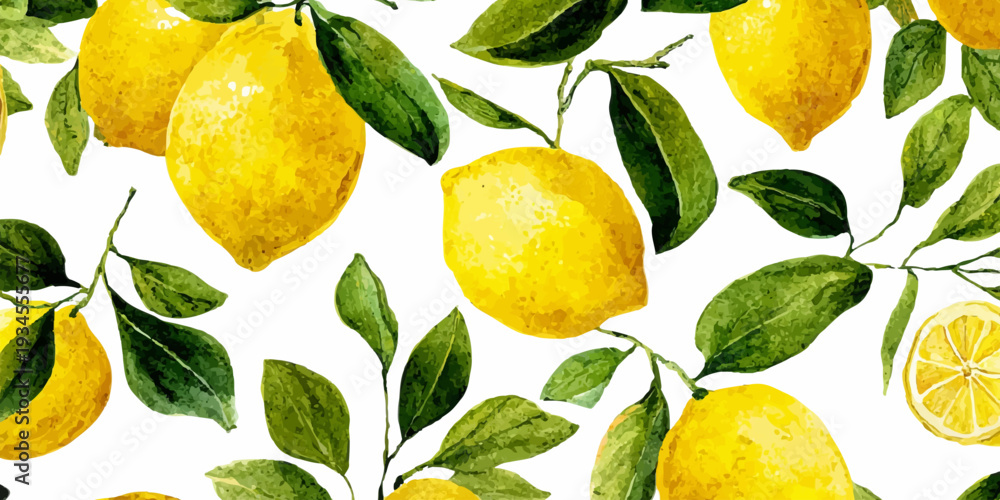 Fototapeta premium Hand drawn watercolor lemons with green leaves creating a vibrant, fresh, and organic seamless pattern, illustrating healthy eating, natural ingredients, and summer zest