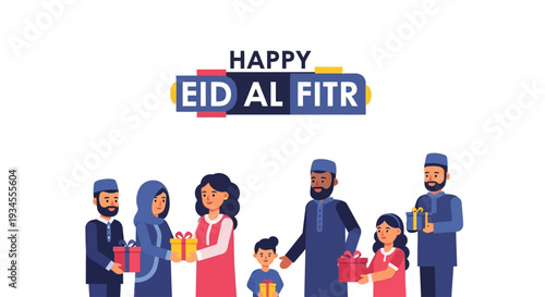 A cheerful flat design illustration with 'Happy Eid Al Fitr' typography in a stacked layout, complemented by diverse characters exchanging gifts. 