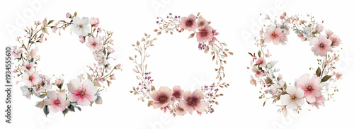 Celebrating spring with three delicate watercolor floral wreaths, creating elegant design elements for cards, invitations, and wedding themes, showcasing pink and white blossoms