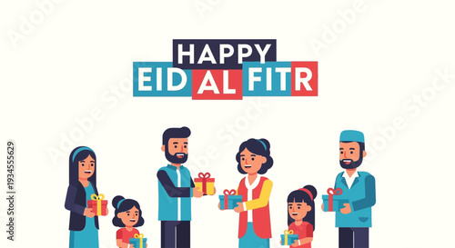 A cheerful flat design illustration with 'Happy Eid Al Fitr' typography in a stacked layout, complemented by diverse characters exchanging gifts. 
