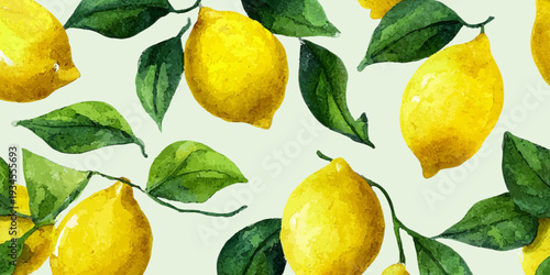 Refreshing watercolor lemon pattern creating a vibrant tropical or summer background, featuring bright yellow citrus fruit and green leaves in an artistic botanical illustration
