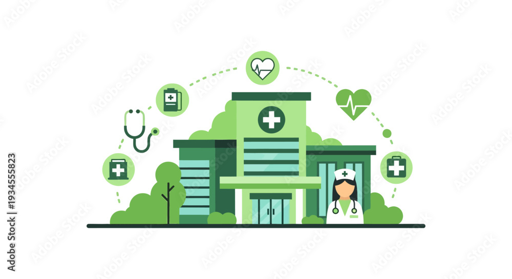 Fototapeta premium Modern Hospital & Healthcare Services: Digital Illustration with Nurse & Medical Icons for Wellness & Clinic Support