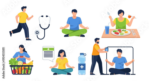 Healthy Lifestyle & Wellness Flat Design Icons: Exercise, Nutrition, Mindfulness, Hydration, and Medical Care for Balanced Living