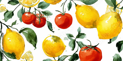 Watercolor seamless pattern featuring vibrant yellow lemons and red tomatoes with green leaves, creating a fresh, healthy, and natural food background design
