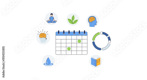 Daily Wellness Routine Planning: Calendar with Self-Care, Mindfulness, Brain Health, Nature, Hydration, and Learning Icons for a Balanced Lifestyle.