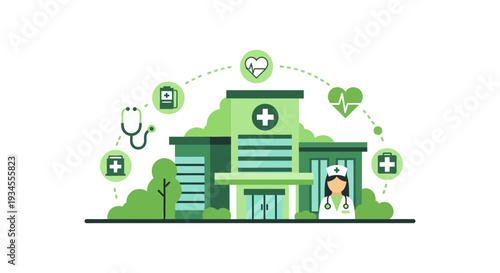 Modern Hospital & Healthcare Services: Digital Illustration with Nurse & Medical Icons for Wellness & Clinic Support