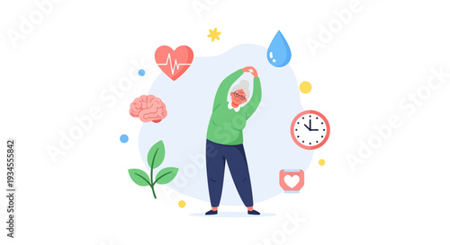 Healthy Aging & Holistic Well-being: Senior Woman Exercising with Lifestyle Icons for Physical and Mental Health