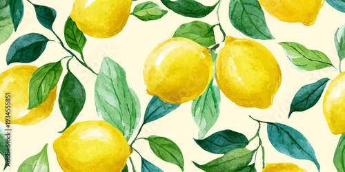 Watercolor seamless pattern featuring vibrant yellow lemons with fresh green leaves, creating a bright botanical design ideal for summer textiles, packaging, and refreshing themes