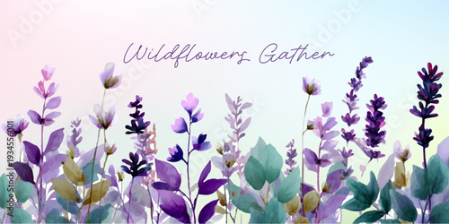 Watercolor wildflowers border creating a gentle spring or summer background, purple lavender blooming, subtle painted flowers and foliage for nature and garden themes