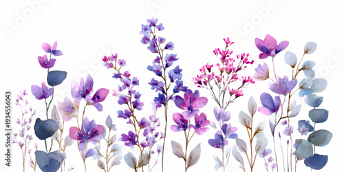 Horizontal watercolor border of delicate wildflowers and herbs in soft purples, lavenders and pinks, minimalist spring summer garden scene for banners, cards, decor