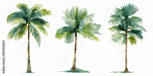 Watercolor palm trees illustration featuring lush green fronds and tropical foliage, evoking island paradise, vacation vibes, and serene natural beauty with loose brushstrokes