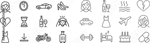 Life Problems and Lifestyle Line Icons Set, Stress Love Travel Health Addiction Crisis Outline Vector Collection