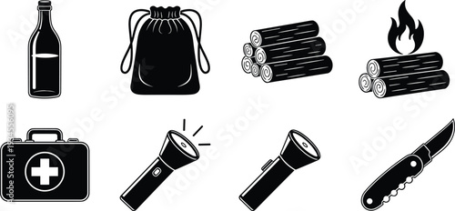 Camping Survival Equipment Silhouette Vector Set, Outdoor Adventure Gear Icons Including Flashlight, First Aid Kit, Knife, Firewood and Backpack Black and White