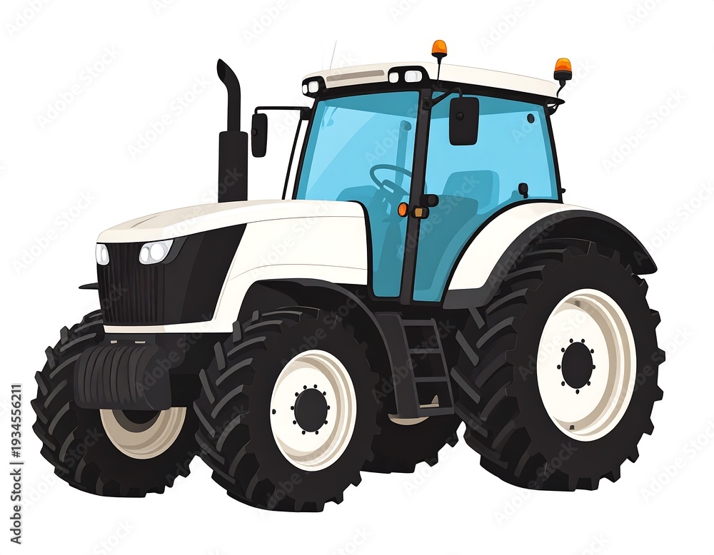 Obraz premium A white and black tractor with a light blue tinted windshield, large tires, and safety lights on top, set against white