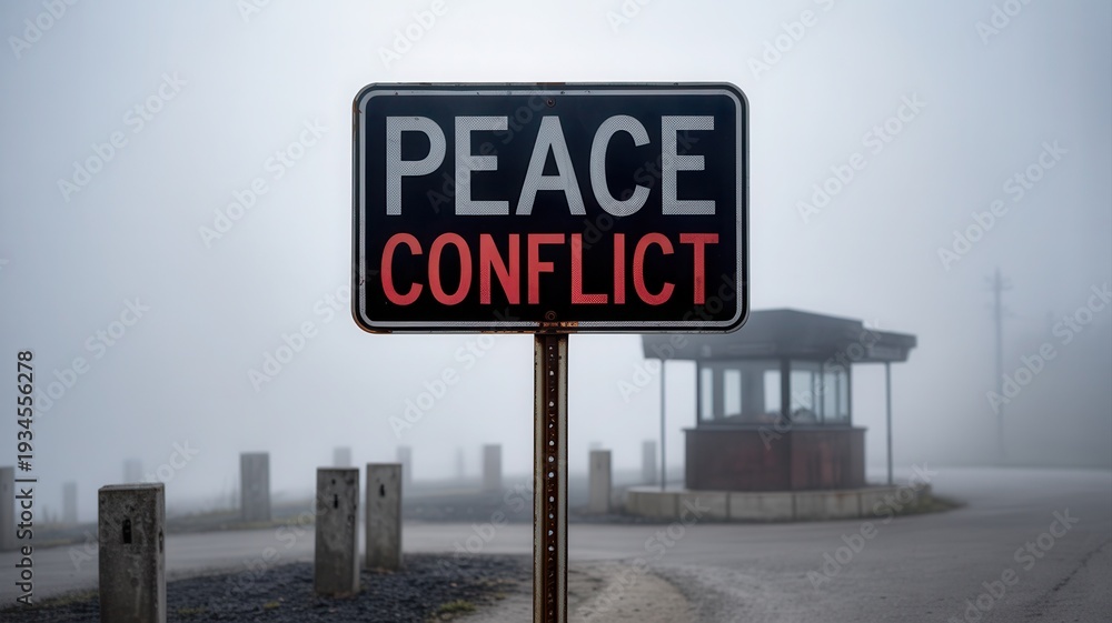 Obraz premium Peace and conflict sign at border checkpoint in foggy atmosphere
