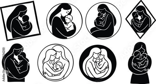 Mother and Baby Love Silhouette Collection, Maternal Bonding Parenting Care Embrace Icons Isolated on White Background