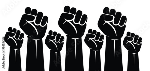 Seven black fists raised in solidarity and protest on white background, symbolizing unity, activism, social justice, empowerment, human rights, and professional vector illustration projects.