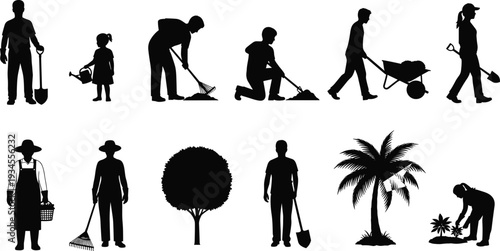 Gardening and farming silhouettes collection with people planting raking and digging for agriculture industry logo design laser cut and stickers