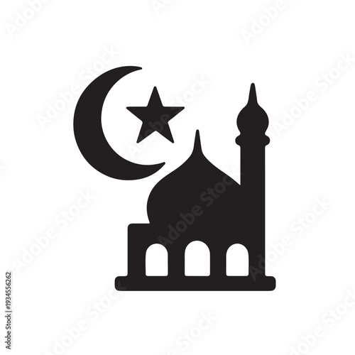 Blue vector silhouette of a mosque building icon featuring elegant architecture and a landmark tower skyline set against a cultural monument design