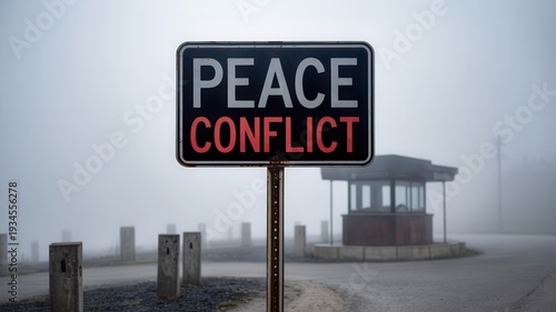 Peace and conflict sign at border checkpoint in foggy atmosphere