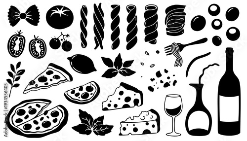 Hand-drawn Italian food silhouette set. Mediterranean lunch and dinner doodle icons in black solid style. Pasta, olives, pizza, cheese, tomatoes, lemon, and wine elements inspired by dolce vita aesthe