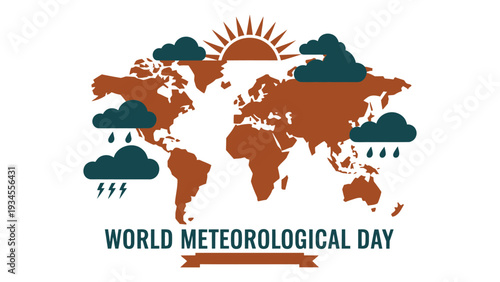 World Meteorological Day global climate awareness poster with world map sun and rain clouds weather illustration design