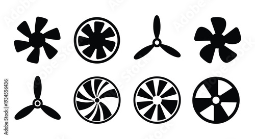 Collection of black silhouettes depicting various fan blade designs