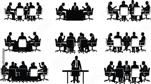 Business meeting silhouettes collection with people in office conference talking at desk for corporate teamwork logo design laser cut and stickers