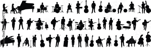 Musician Band Silhouettes Collection, Orchestra Rock Jazz Performers with Instruments Isolated on White Background Vector Set
