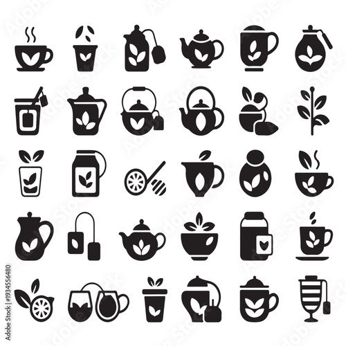 Assortment of black tea related icons showing teapots cups mugs and various herbal infusions for beverage concepts