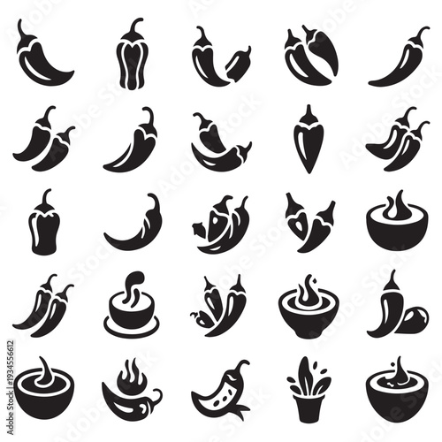 Collection of black chili pepper icons hot sauce bowls and ingredients stylized food symbols isolated on transparent background vector graphics
