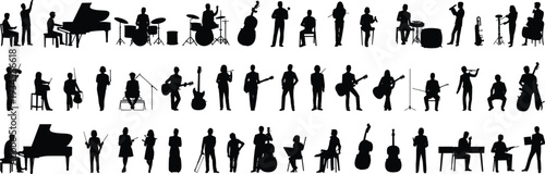 Musician silhouettes collection, orchestra band performers playing instruments, music concert vector illustration isolated on white background