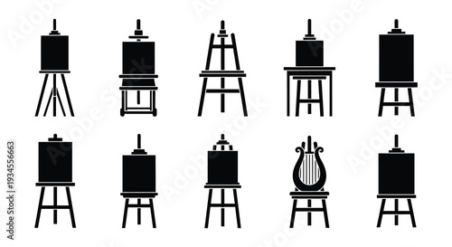 Collection of various black silhouette easel illustrations in a row